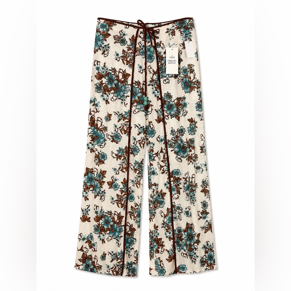 NWT CeCe Floral Wide Leg Slit Pants Size Large Rayon Linen Blend Boho Palazzo L